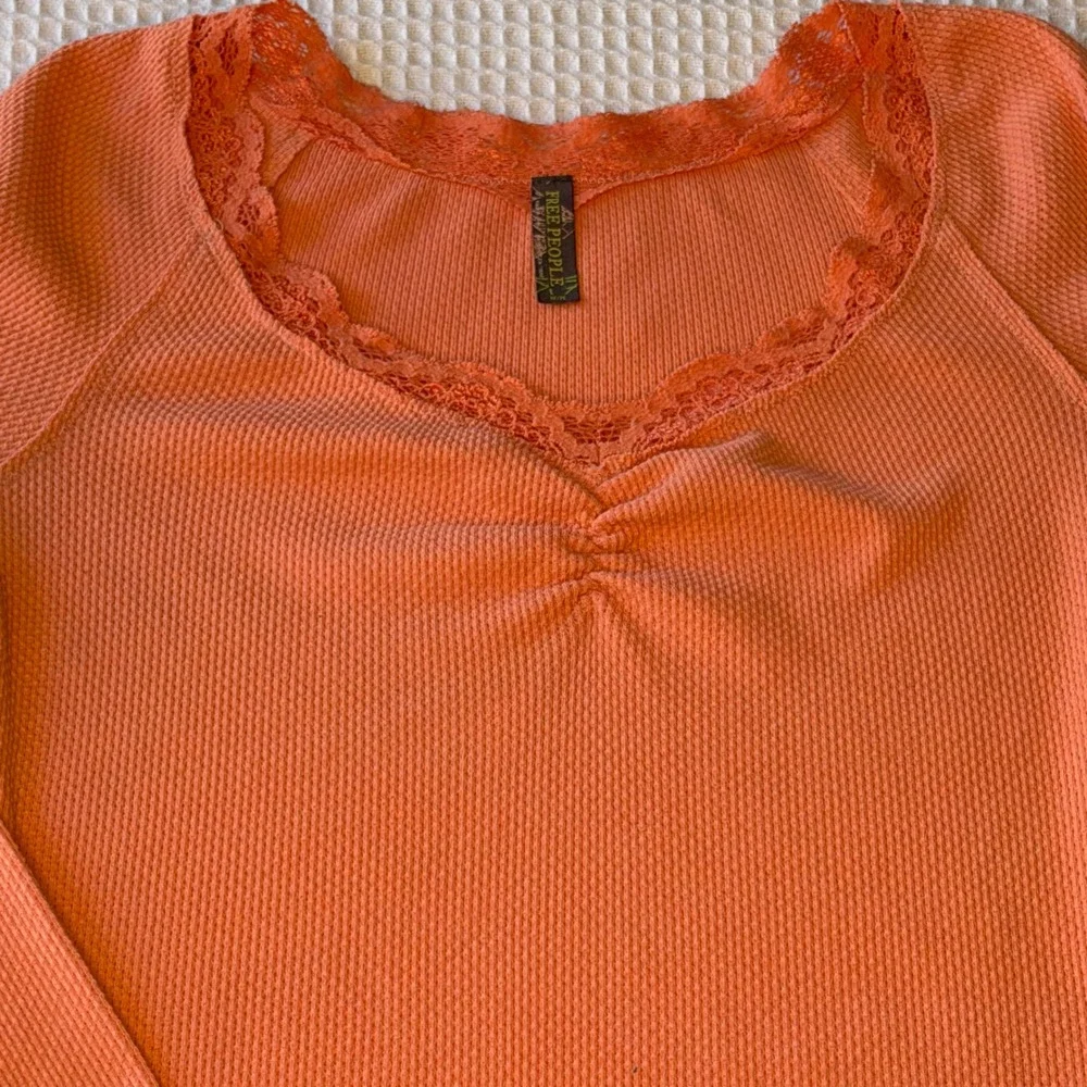 Free People Coral Orange Waffle Knit Lace Trim Thermal Top Sweetheart Neck S